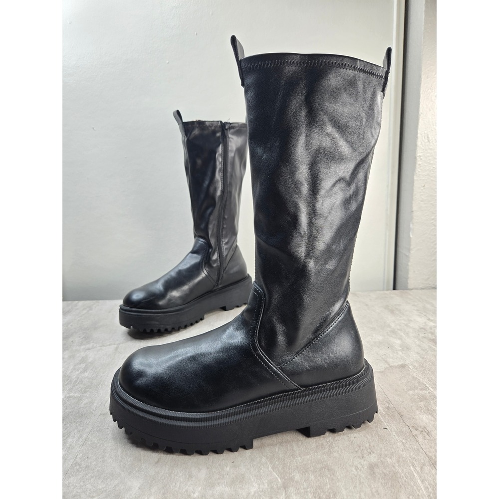Zara Platform Mid Calf Boots 7.5 Black Chunky Lug Sole Punk Edgy Goth Streetwear
